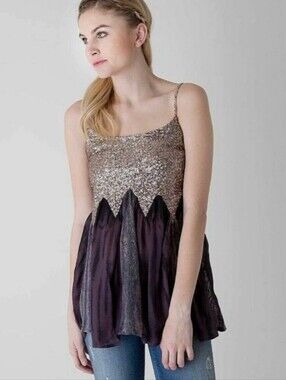 BKE Y2K gold sequin botice with flutter lace and chiffon semi-sheer details top